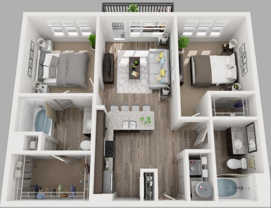 Floor plan for 2 beds, 2 baths, 944 sqft